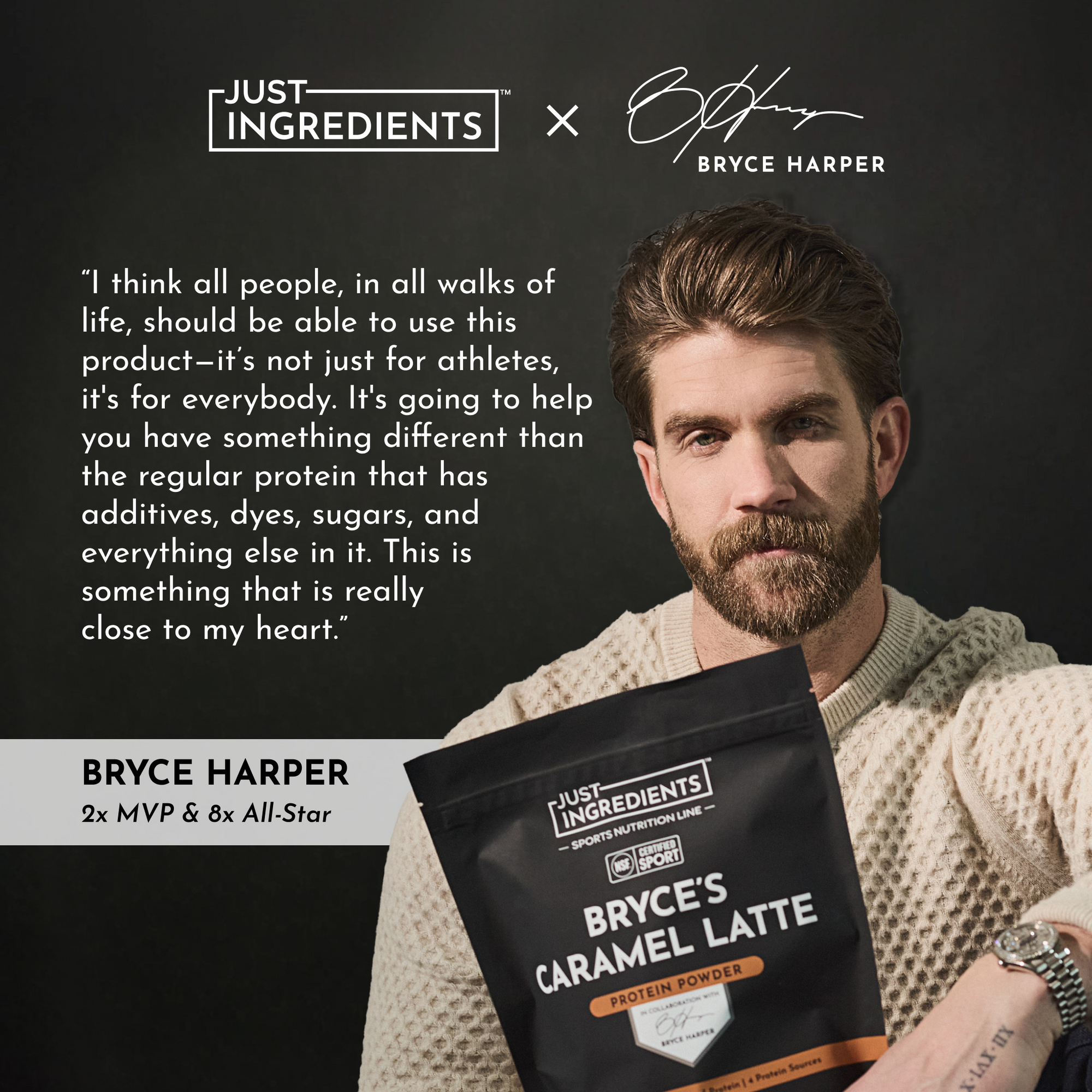 Man holding black Bryce's Caramel Latte protein powder bag with Just Ingredients and Bryce Harper branding visible.