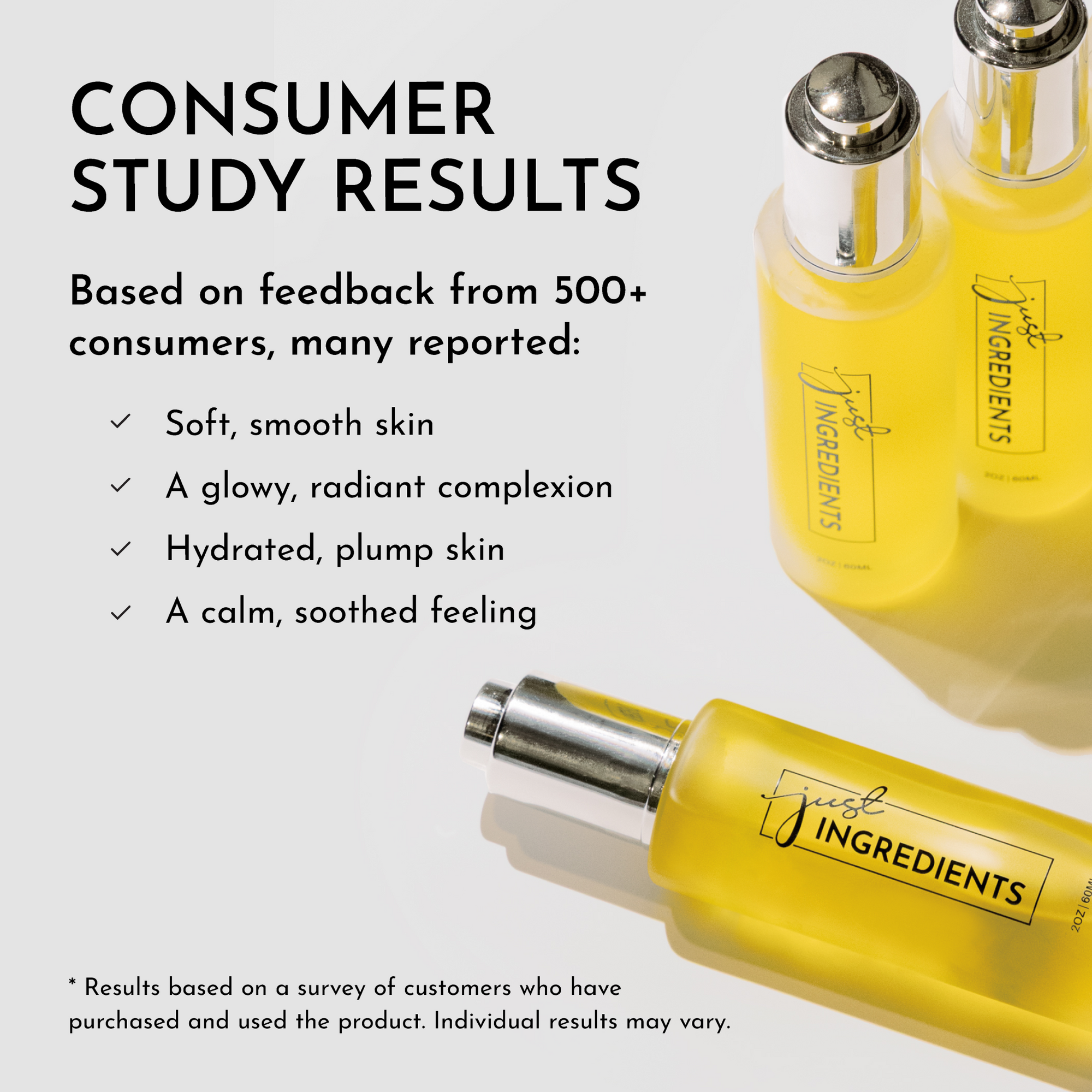 Yellow face serum bottles with silver caps, labeled "just INGREDIENTS," on a reflective surface.