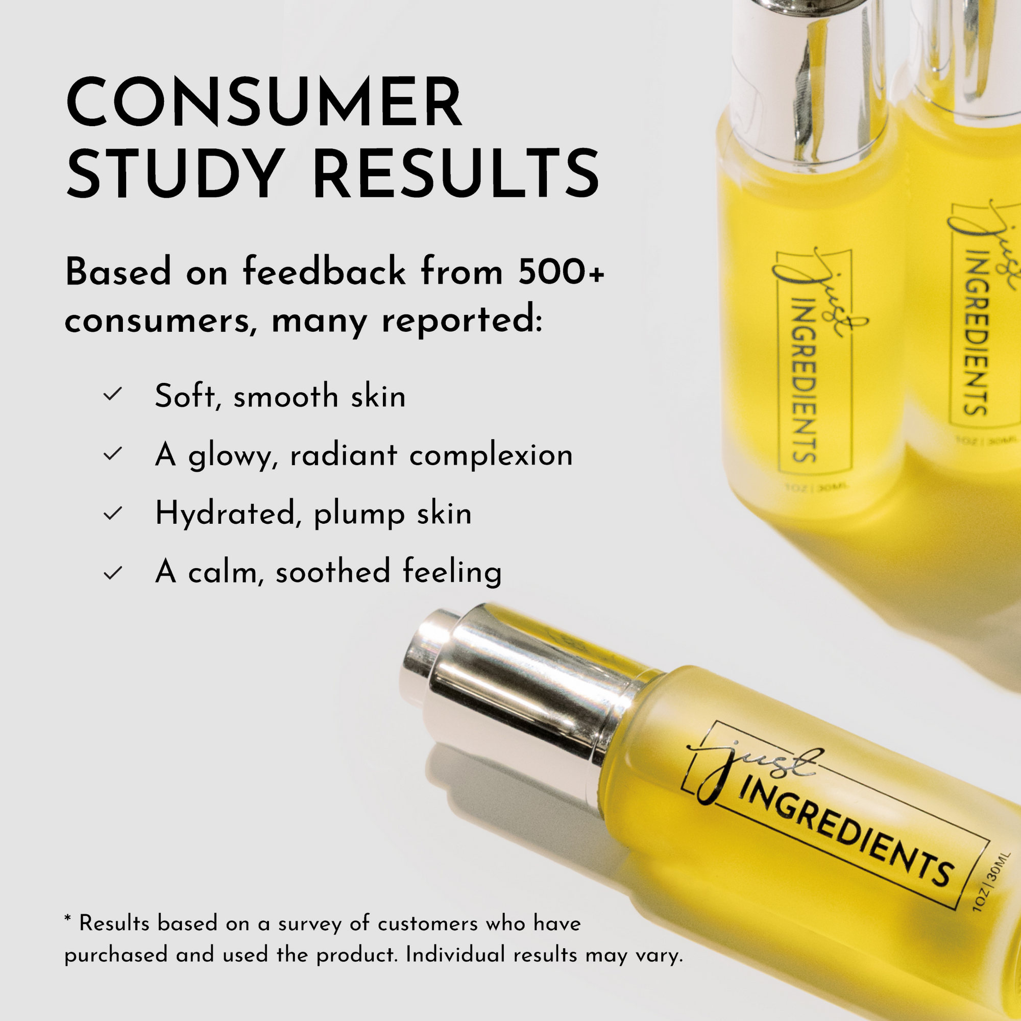Clear glass bottle of face serum with a silver pump, labeled "just INGREDIENTS," on a light background.