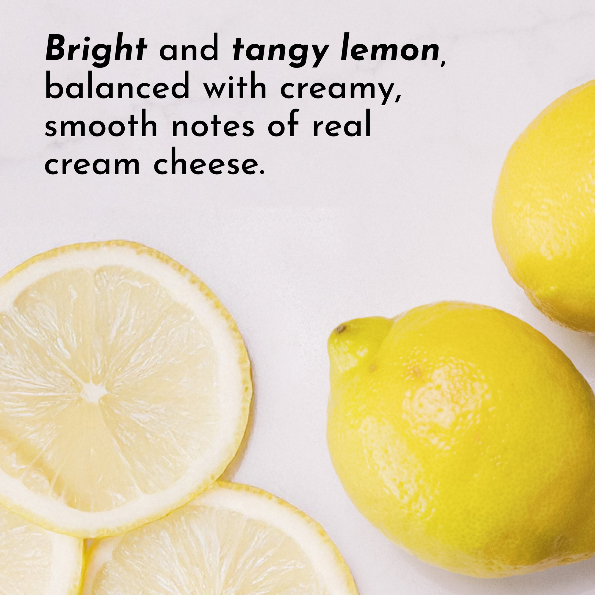 Sliced lemons and whole lemons on a light surface with text describing flavor notes.