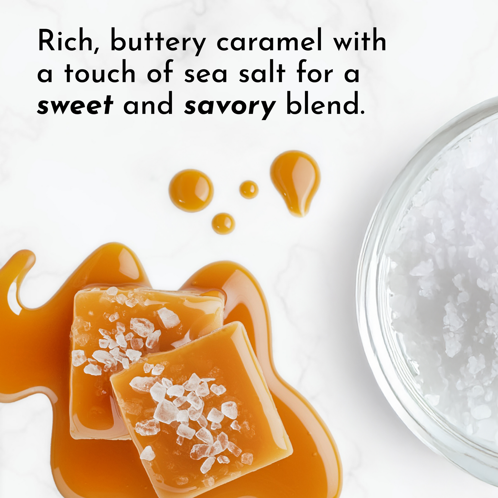 Caramel squares with sea salt on a marble surface, accompanied by a bowl of coarse sea salt.