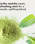 Green matcha powder with fresh mint leaves arranged on white background.