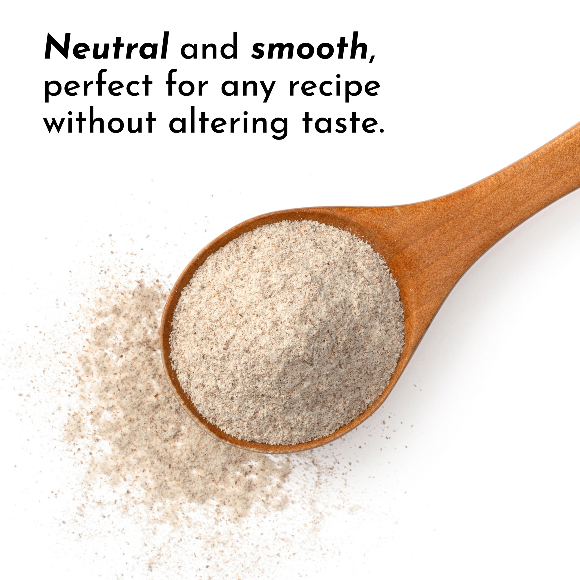 Wooden spoon filled with beige protein powder on white background with scattered powder.