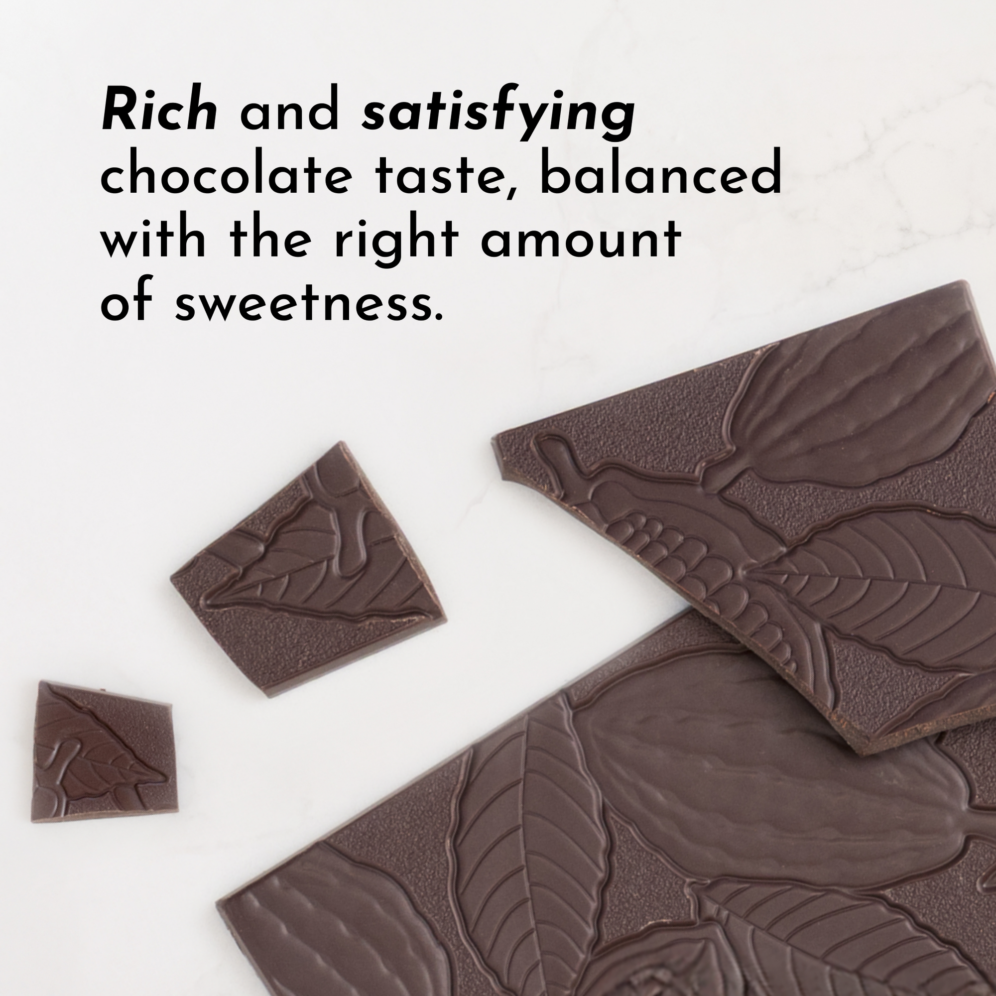 Dark chocolate pieces with leaf patterns, arranged on a light surface, showcasing different sizes and shapes.