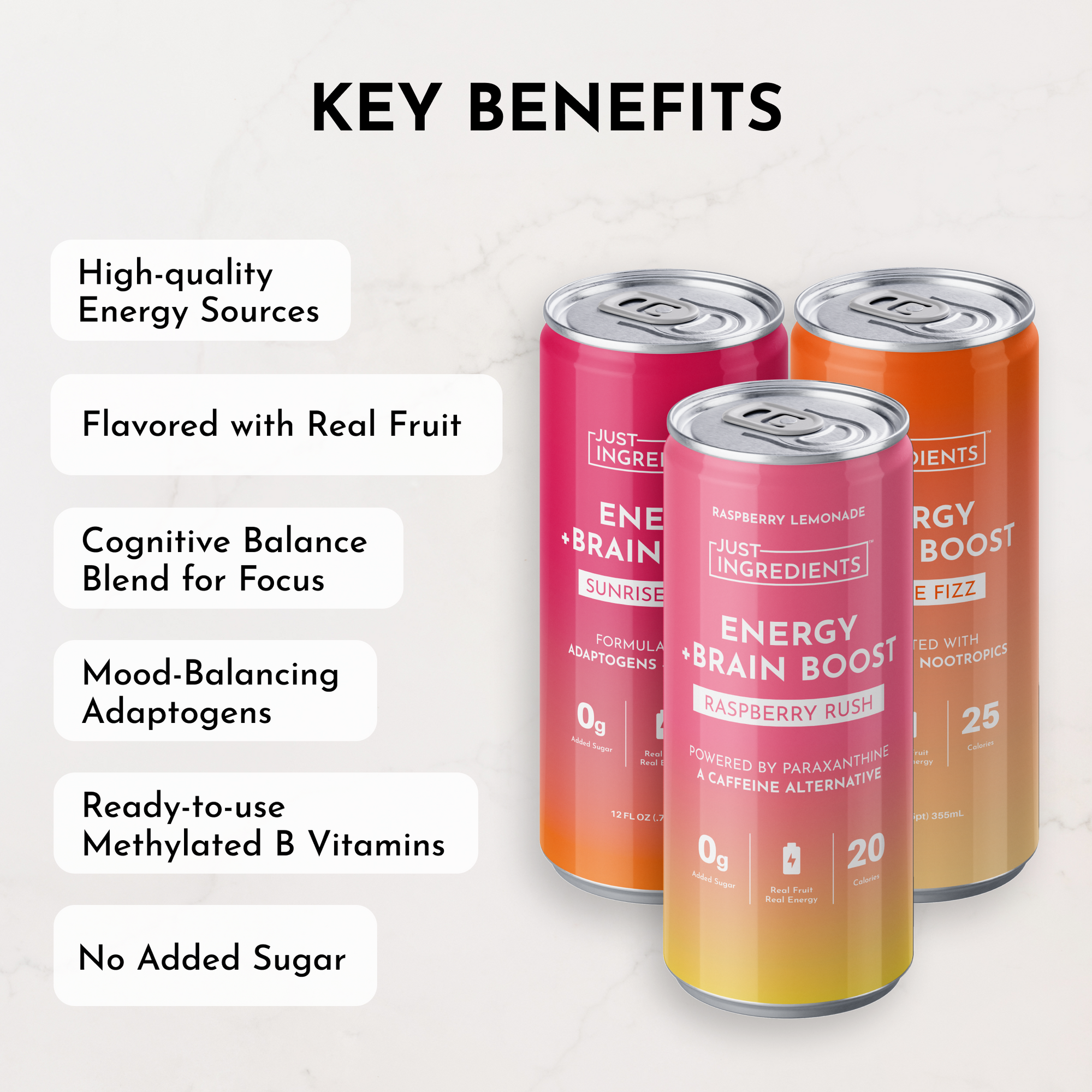 Three cans of energy drinks in various flavors, featuring labels with benefits and nutritional information.