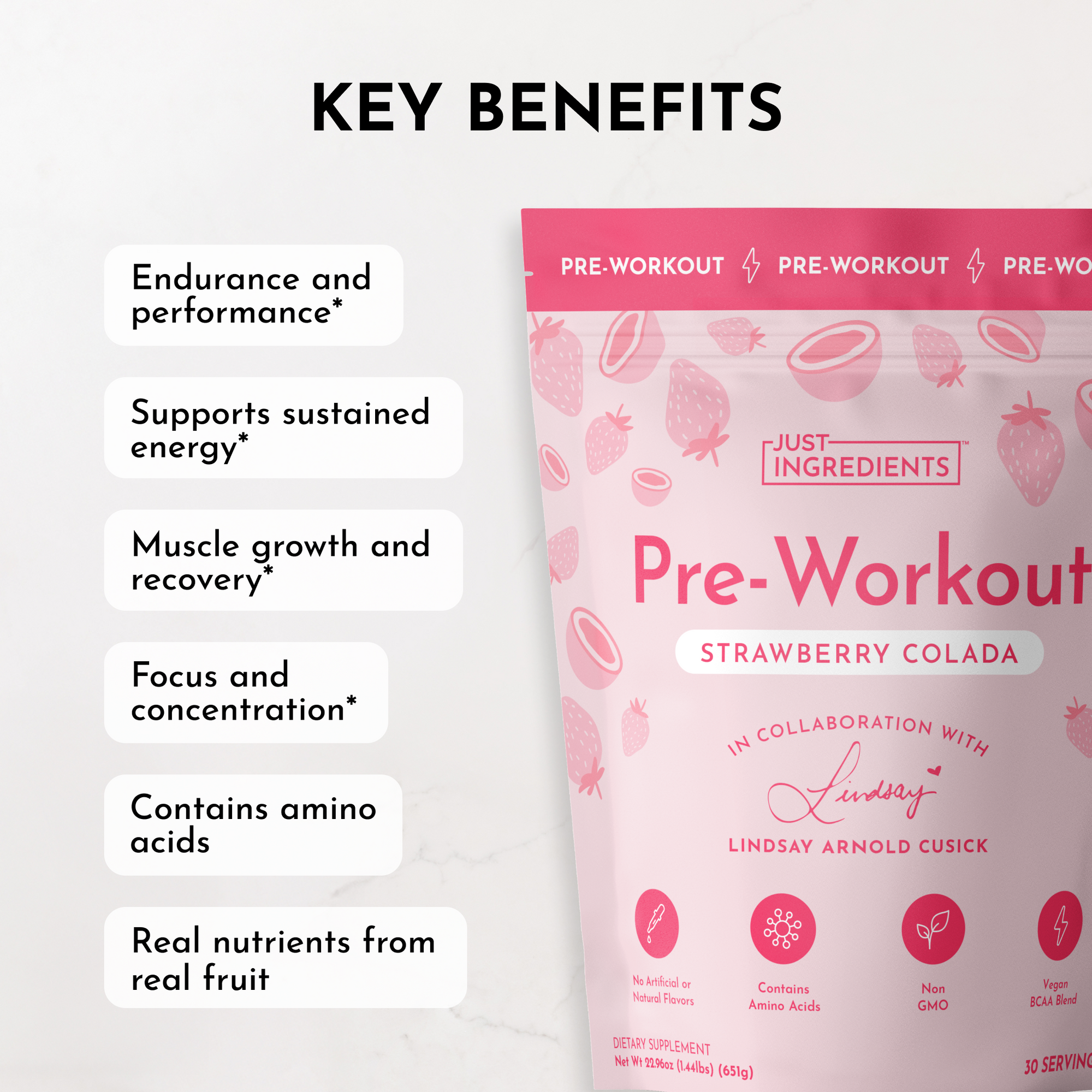 Pink packaging of Strawberry Colada Pre-Workout with key benefits listed, including endurance and energy support.