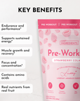 Pink packaging of Strawberry Colada Pre-Workout with key benefits listed, including endurance and energy support.
