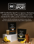 Bryce's Caramel Latte protein powder package with NSF Certified Sport logo, displayed with bananas, coffee cup, and baked goo