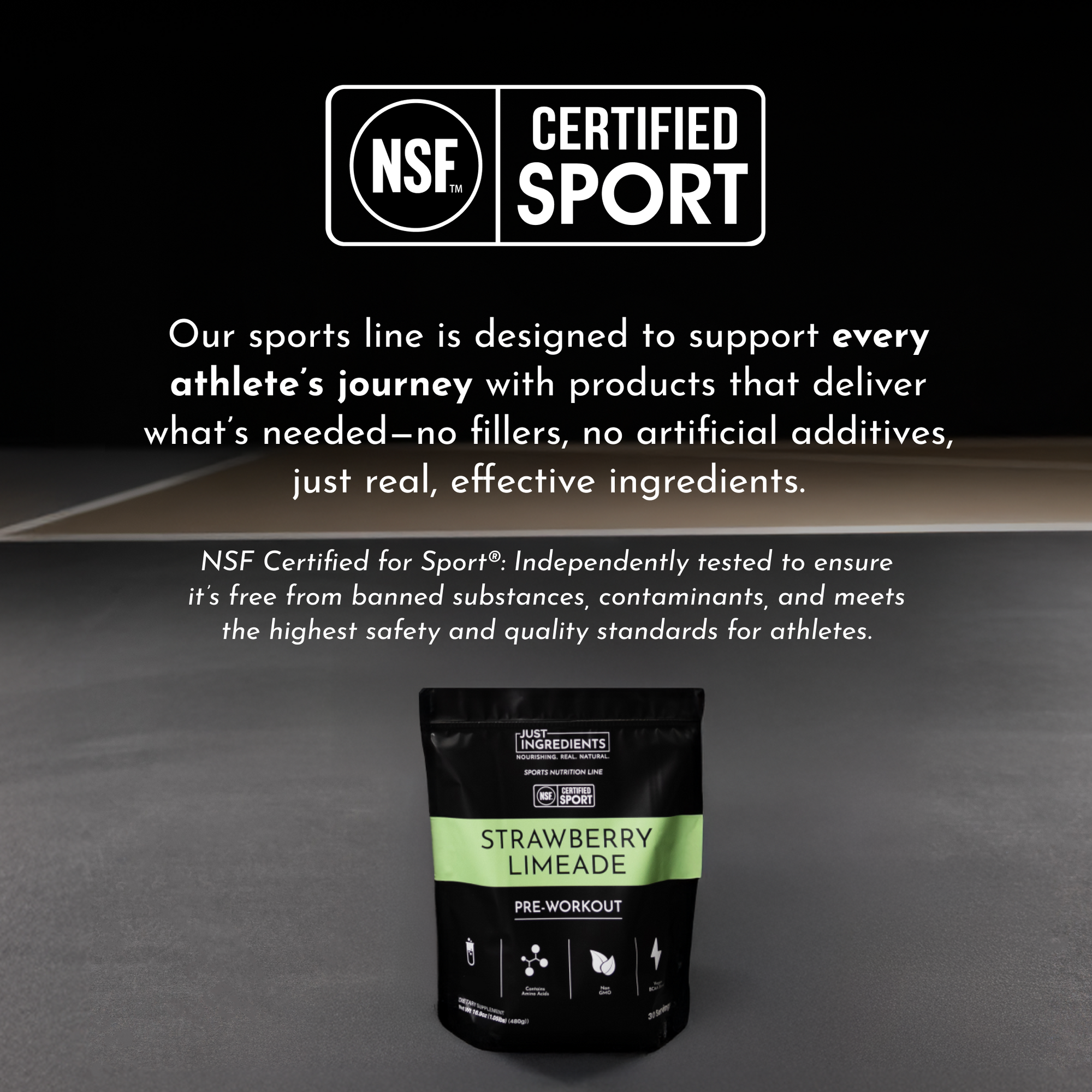 Black and green pouch labeled "Strawberry Limeade Pre-Workout" with NSF Certified for Sport logo.