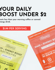Two pouches of energy drink powder, one labeled "Brain + Energy Boost Blood Orange" and the other "Lemon Lime."