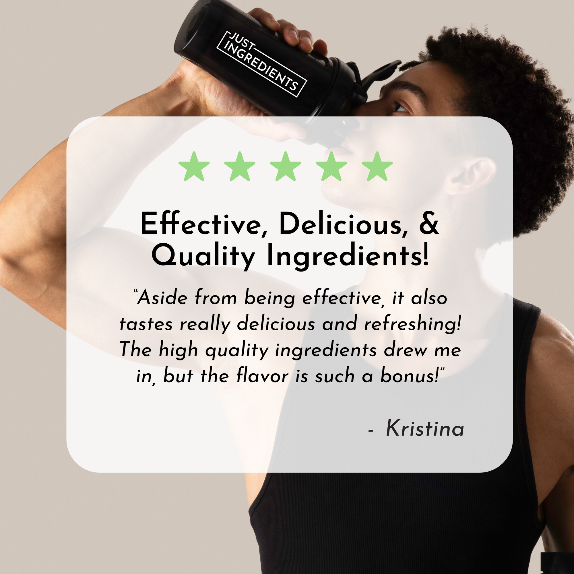 A person is drinking from a black shaker bottle while wearing a sleeveless shirt, with a light background.