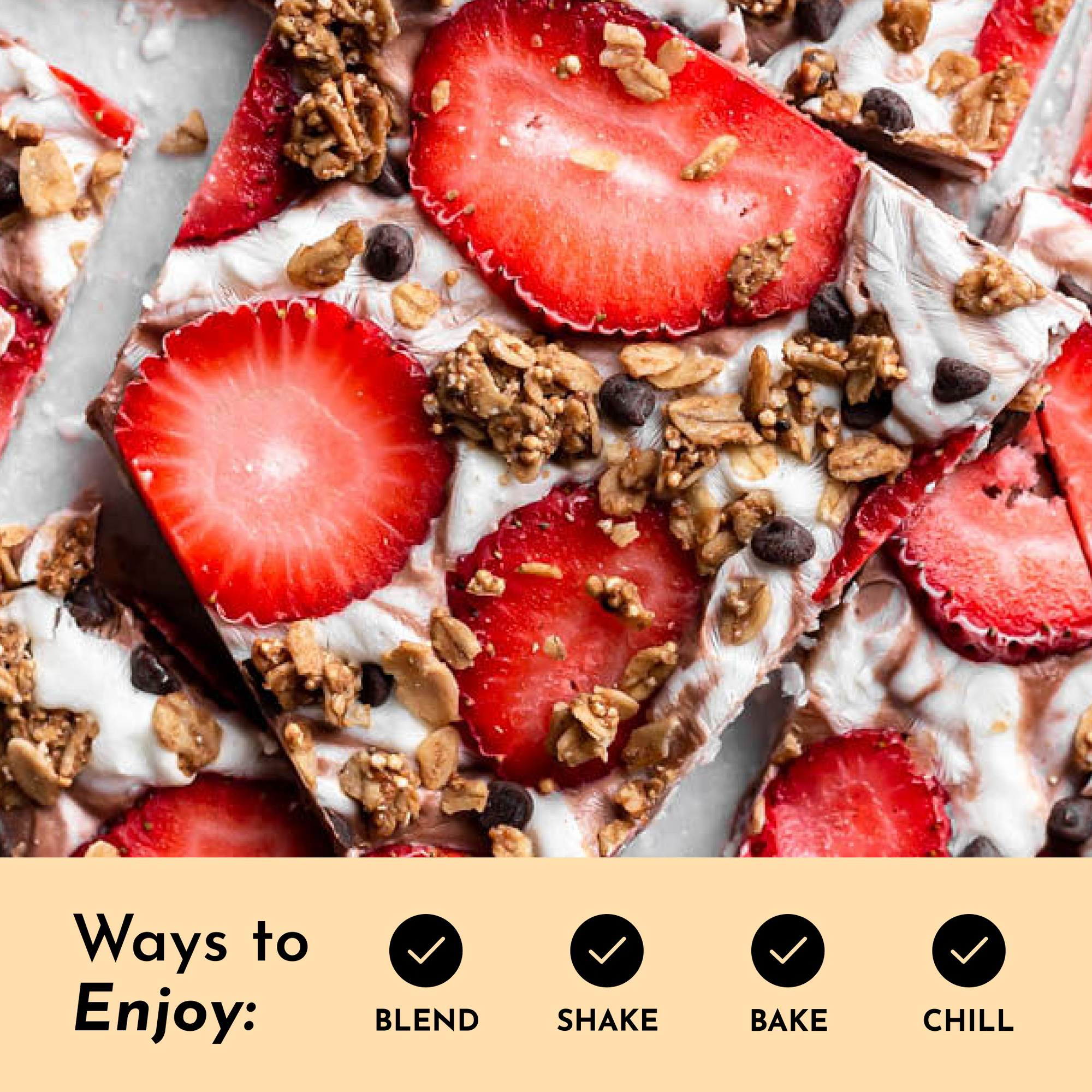 Dessert bars topped with strawberries, granola, and chocolate chips on a white surface.