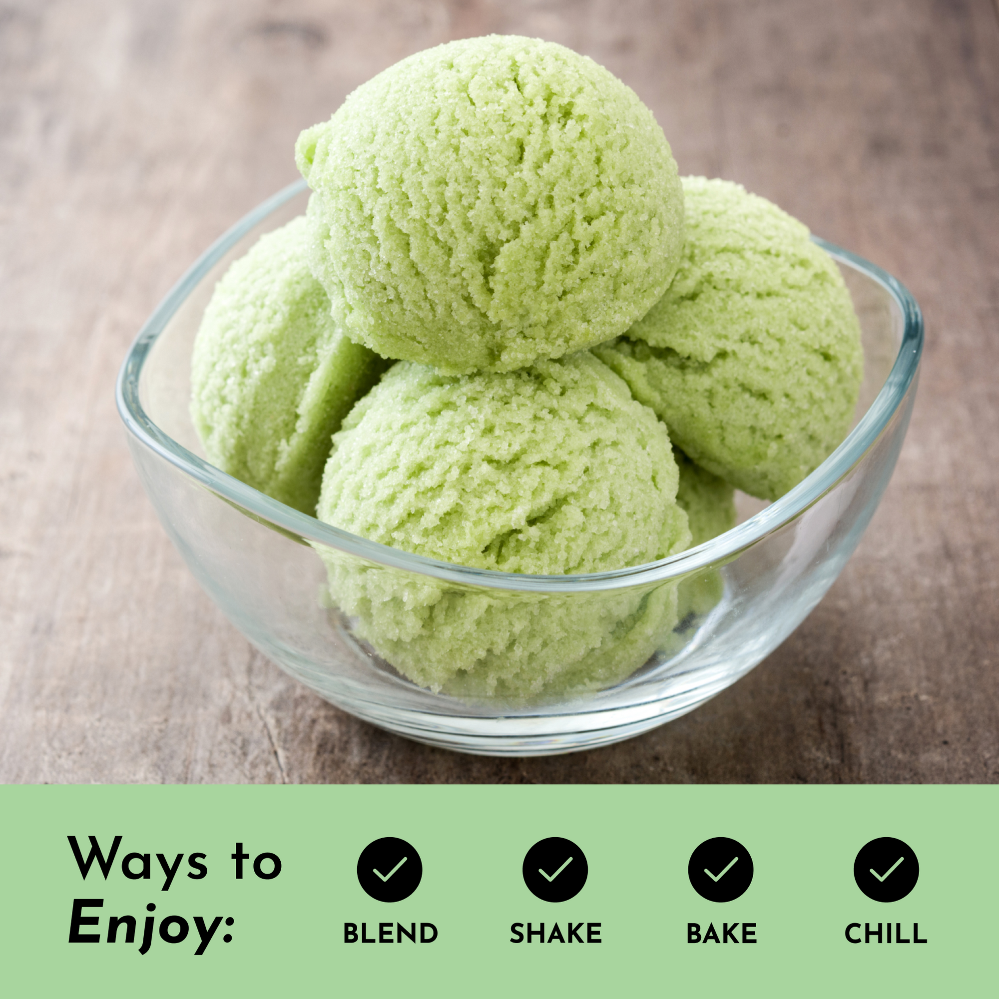 Light green powder scoops in a glass bowl with usage suggestions displayed below.