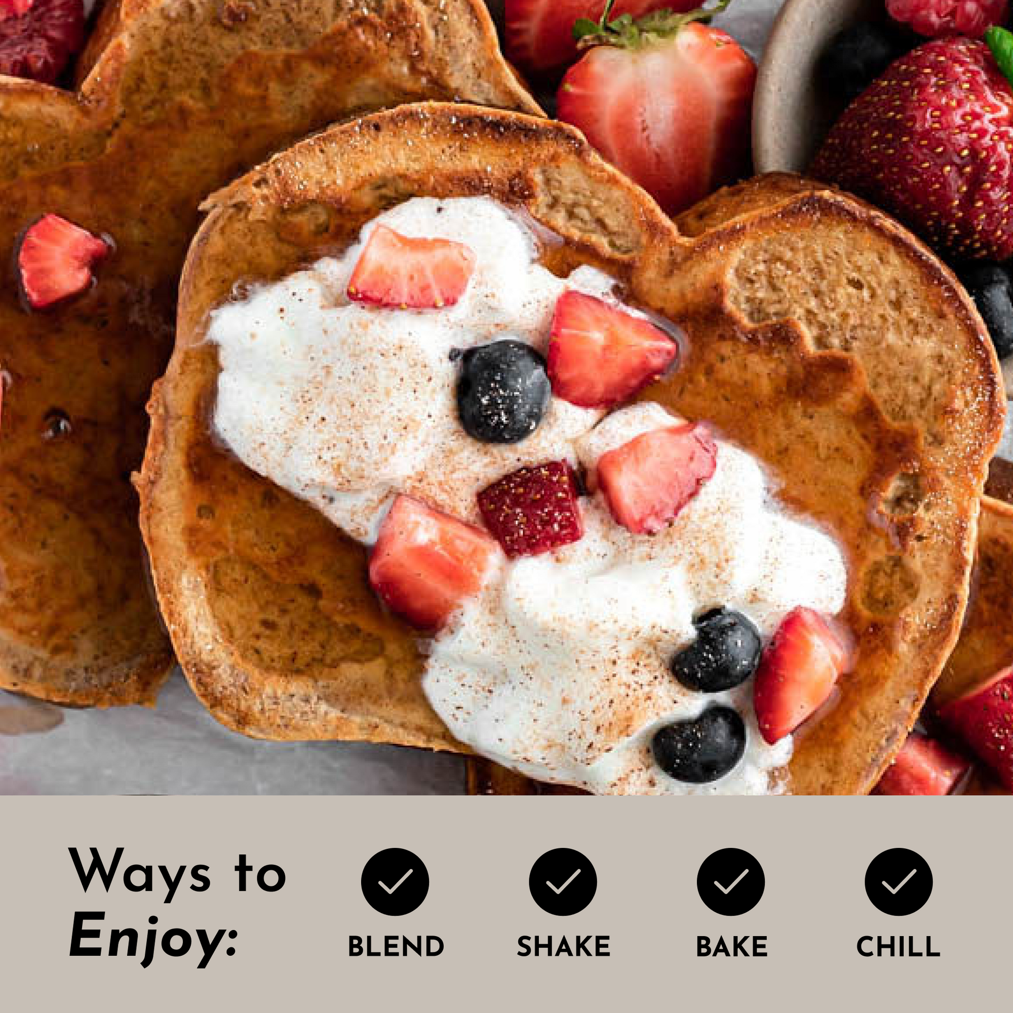 Heart-shaped pancakes topped with yogurt, strawberries, and blueberries, with a list of preparation methods below.