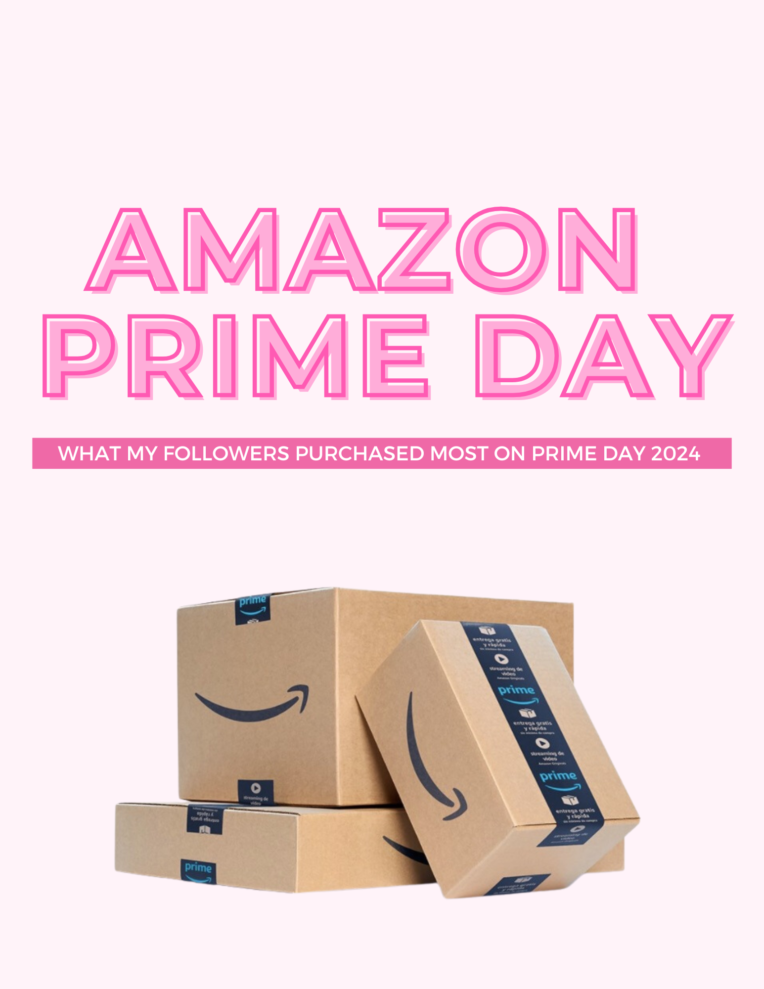 Three Amazon Prime packages stacked on a light pink background with text about Prime Day purchases.