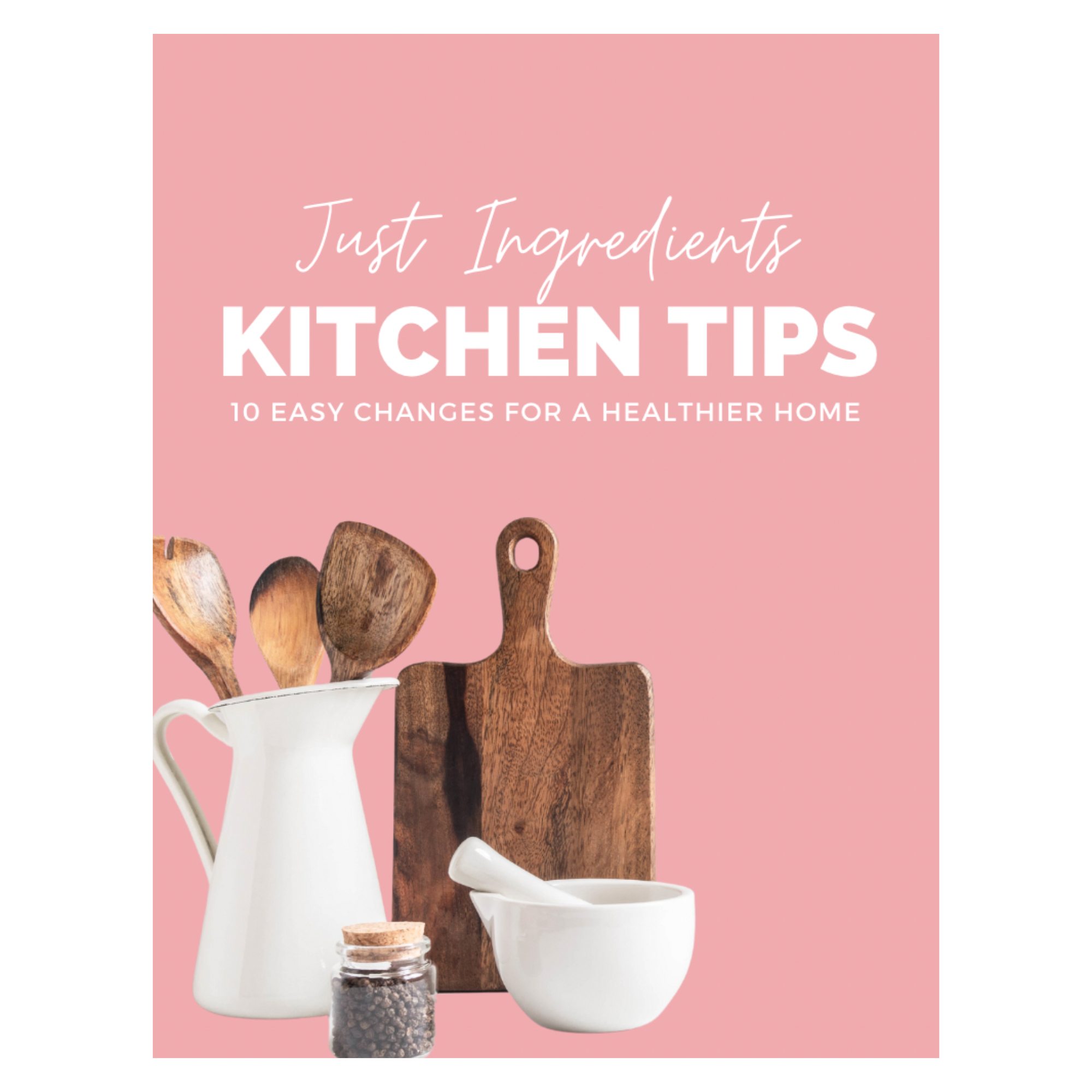 Wooden utensils, a cutting board, a mortar and pestle, and a jar of spices on a pink background with text.