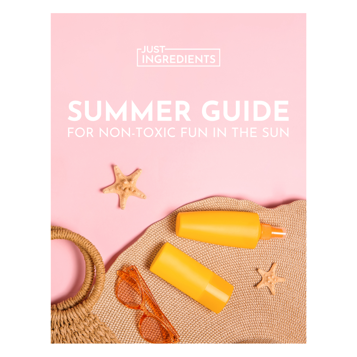 Flat lay of a summer guide with yellow sunscreen bottles, sunglasses, a starfish, and a woven bag on a pink background.