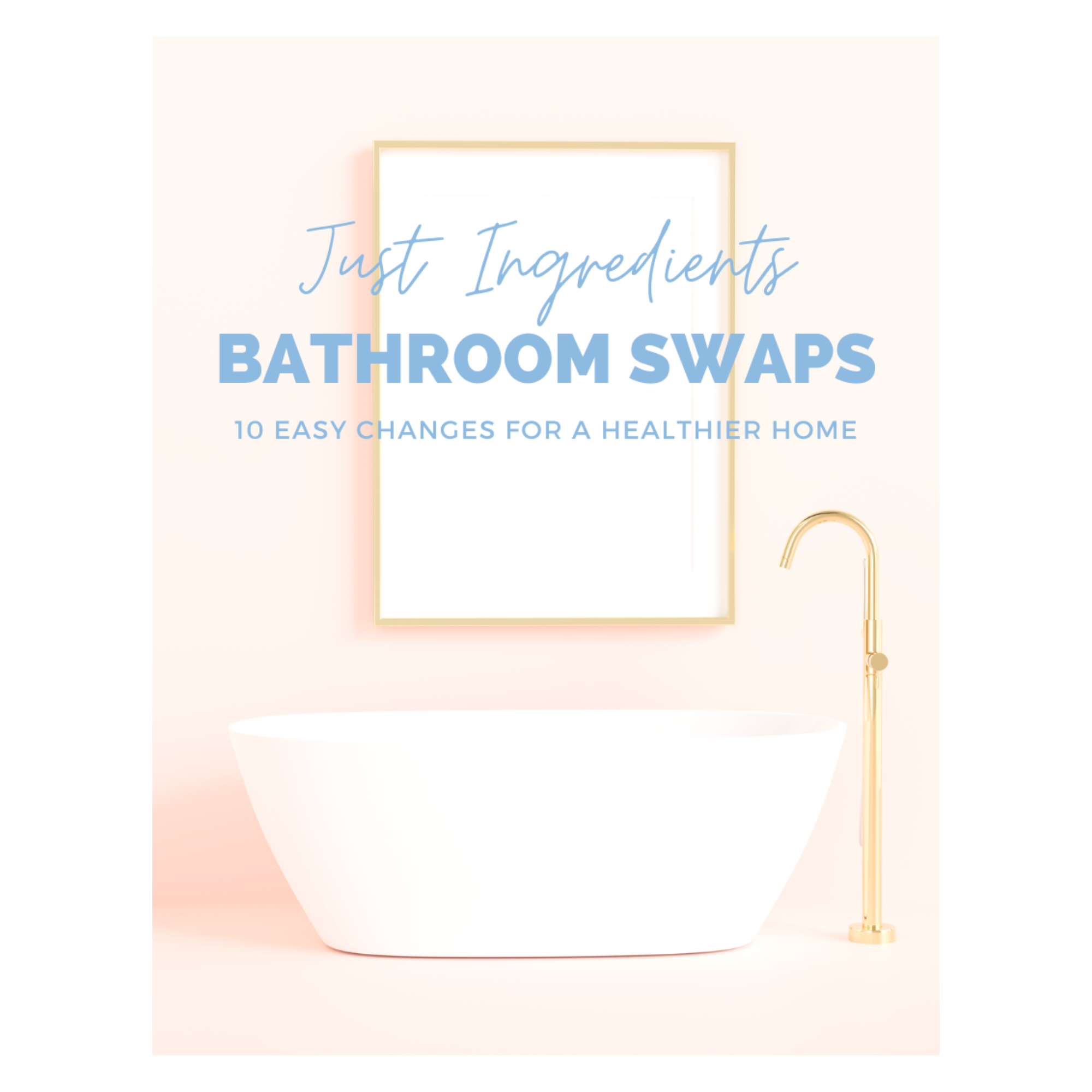 White freestanding bathtub with a gold faucet and a blank framed picture on a pastel pink background.