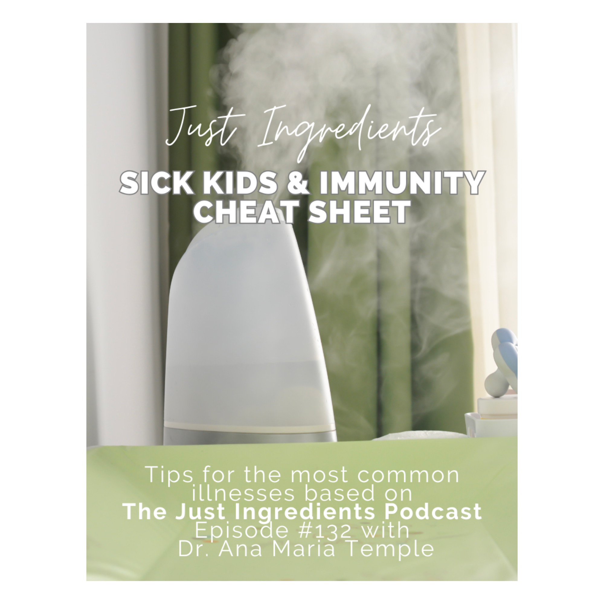 Humidifier emitting steam next to a bedside table with a notebook and a plant, with text overlay about a podcast episode.