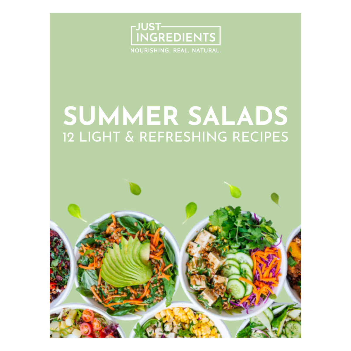Cover featuring bowls of colorful salads with text highlighting "Summer Salads: 12 Light &amp; Refreshing Recipes."