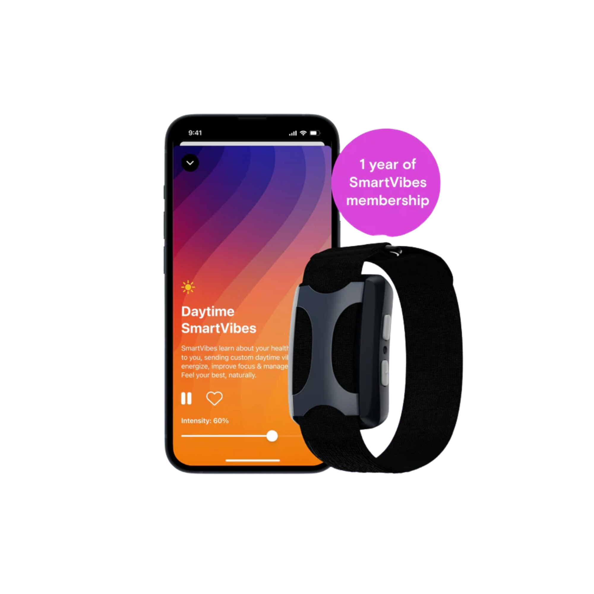 Wearable device next to a smartphone displaying a health app interface and a membership offer.