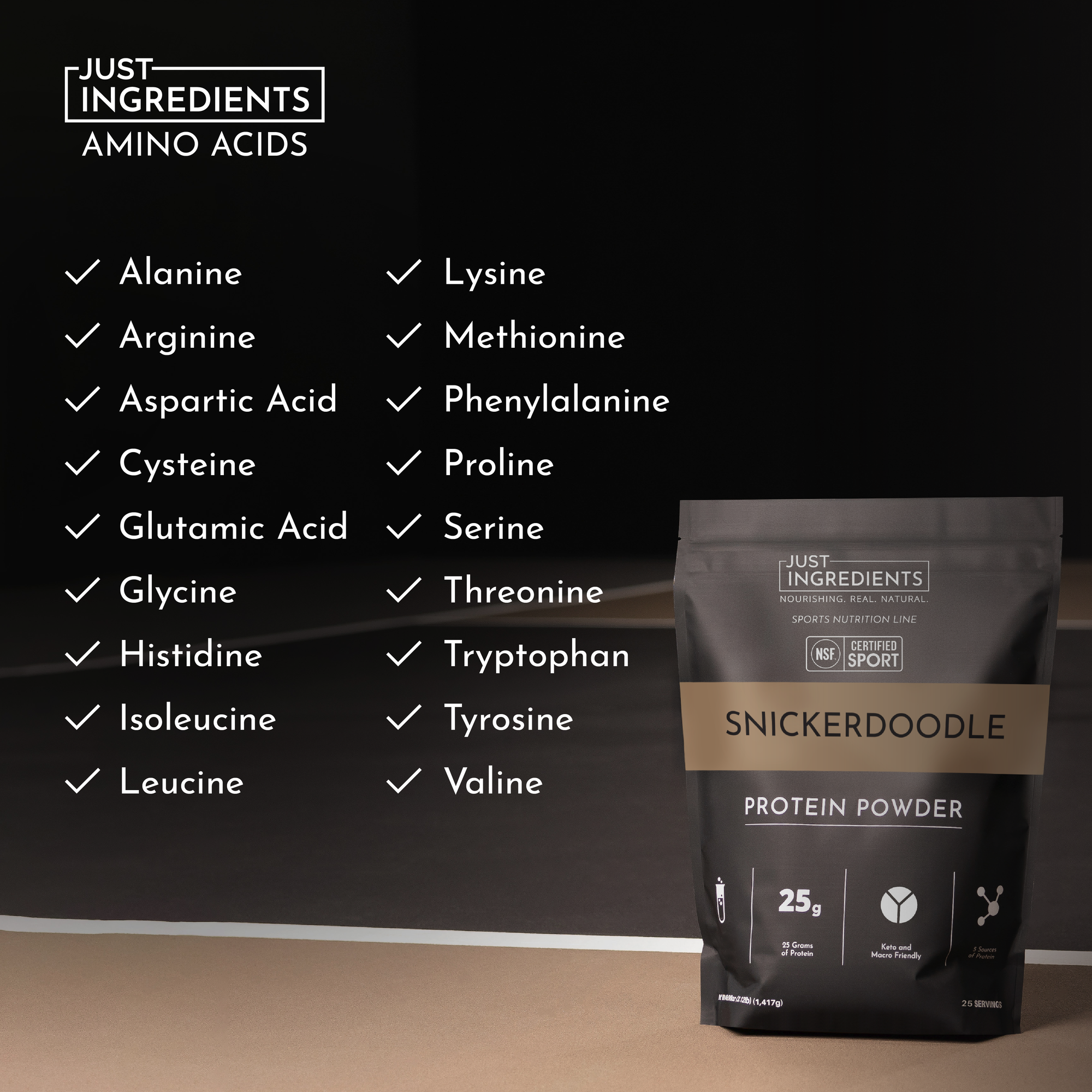 Protein powder package labeled "Snickerdoodle" with a list of amino acids and nutritional information.
