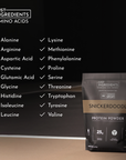 Protein powder package labeled "Snickerdoodle" with a list of amino acids and nutritional information.