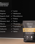 Black protein powder bag labeled "Creamy Peanut Butter Chocolate" with a list of amino acids and NSF certification.