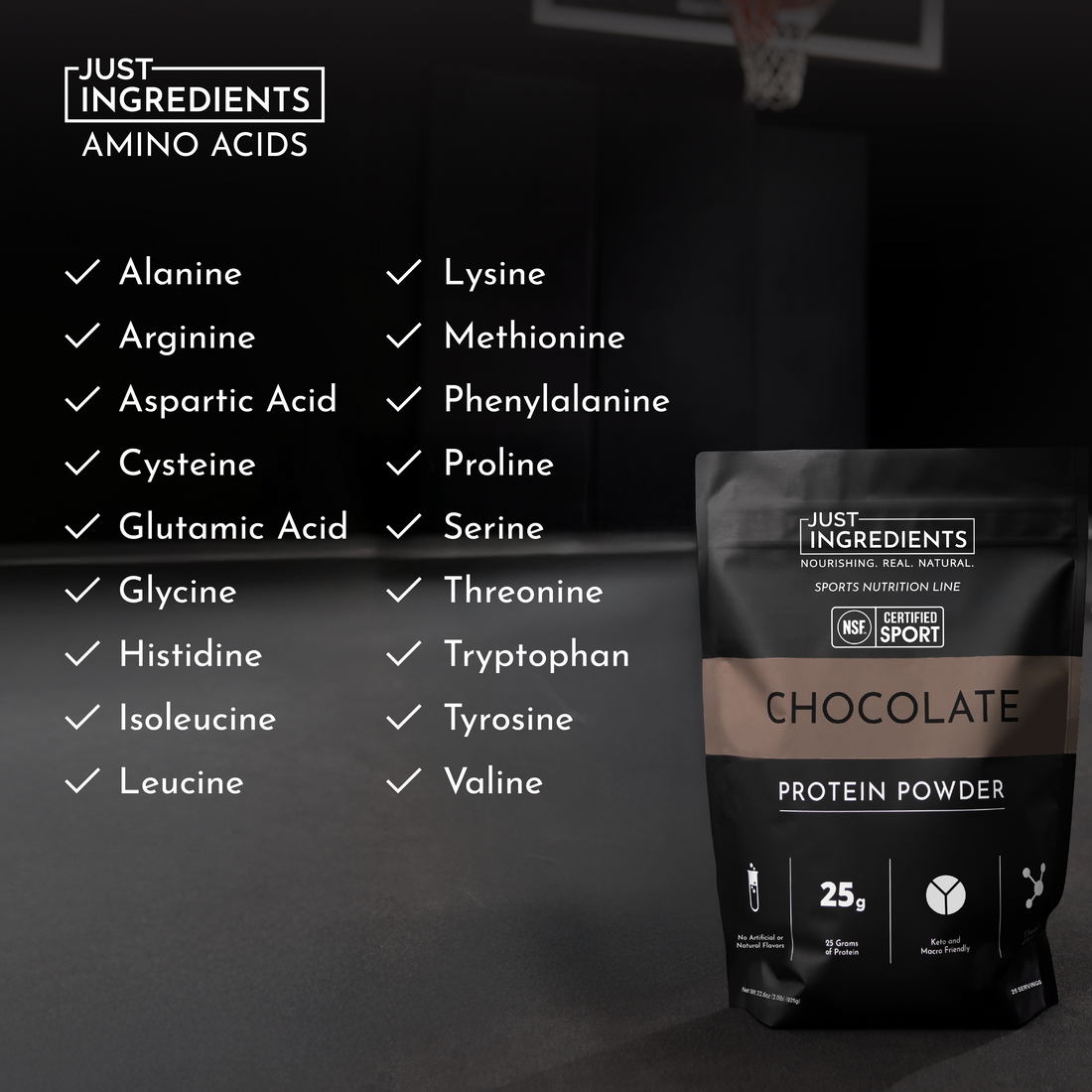 Chocolate protein powder bag front with a list of amino acids and NSF certification badge on a dark background.