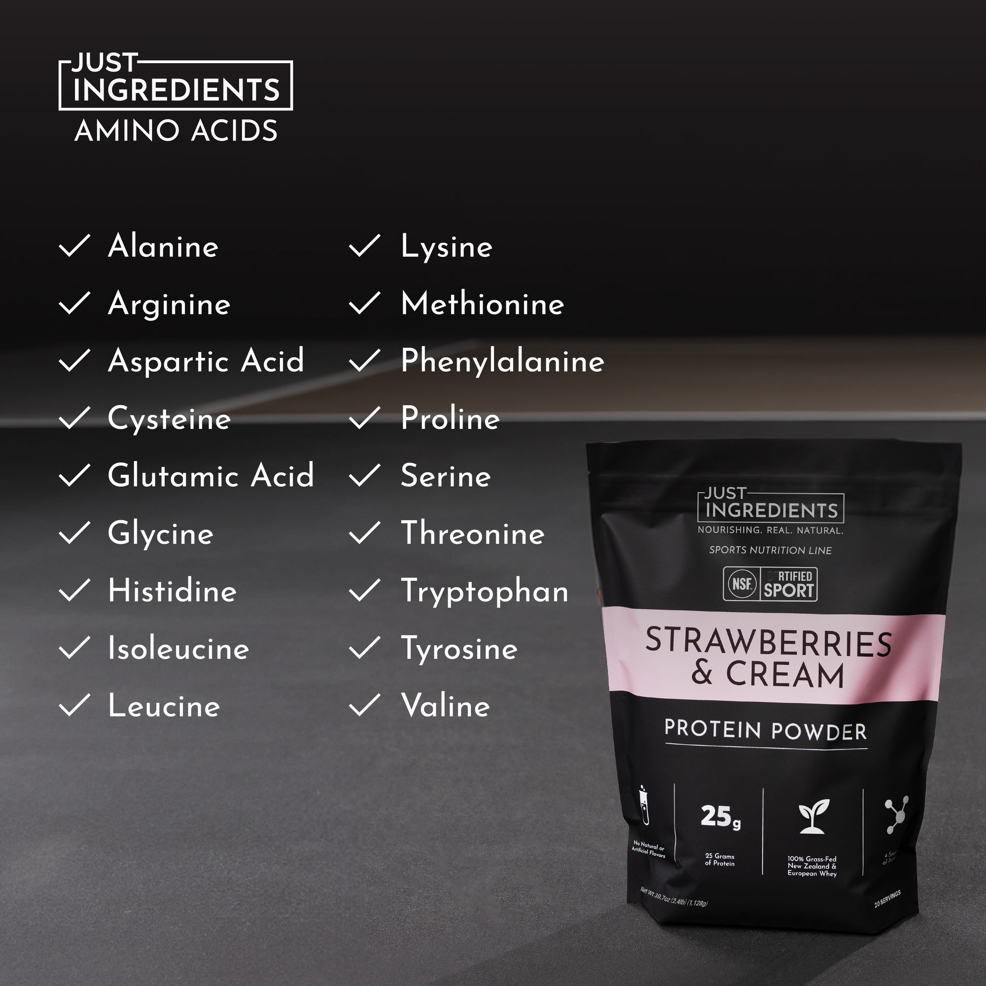 Black protein powder bag labeled "Strawberries &amp; Cream" with a list of amino acids and NSF certification.