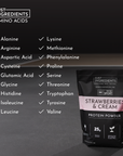 Black protein powder bag labeled "Strawberries & Cream" with a list of amino acids and NSF certification.