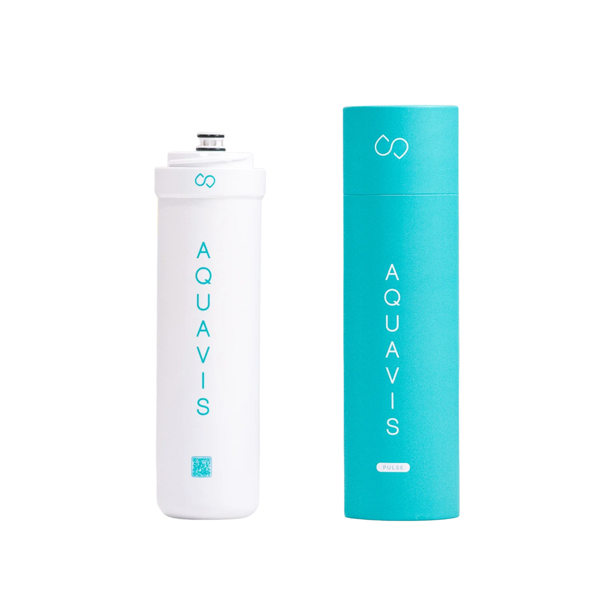 White water filter cartridge next to a teal cylindrical container labeled "AQUAVIS."