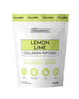 White pouch of Lemon Lime Collagen Peptides with green accents and text, featuring icons for product benefits.