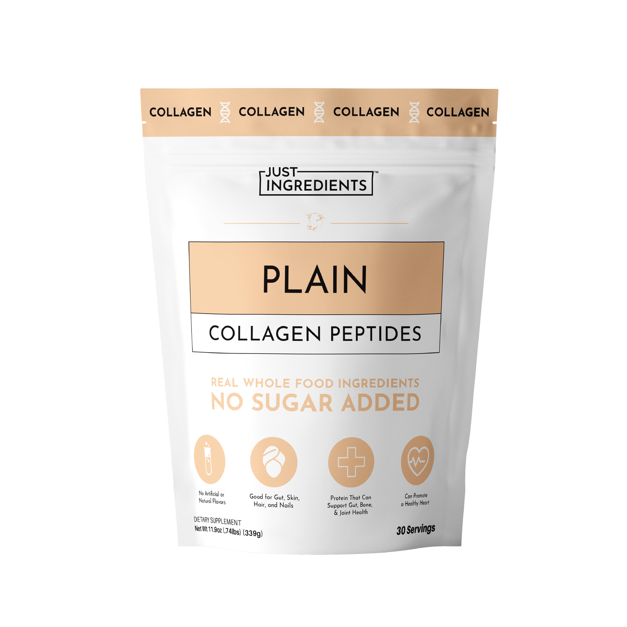 Resealable pouch of plain collagen peptides with nutritional information and benefits listed on the front.