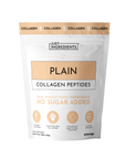 Resealable pouch of plain collagen peptides with nutritional information and benefits listed on the front.