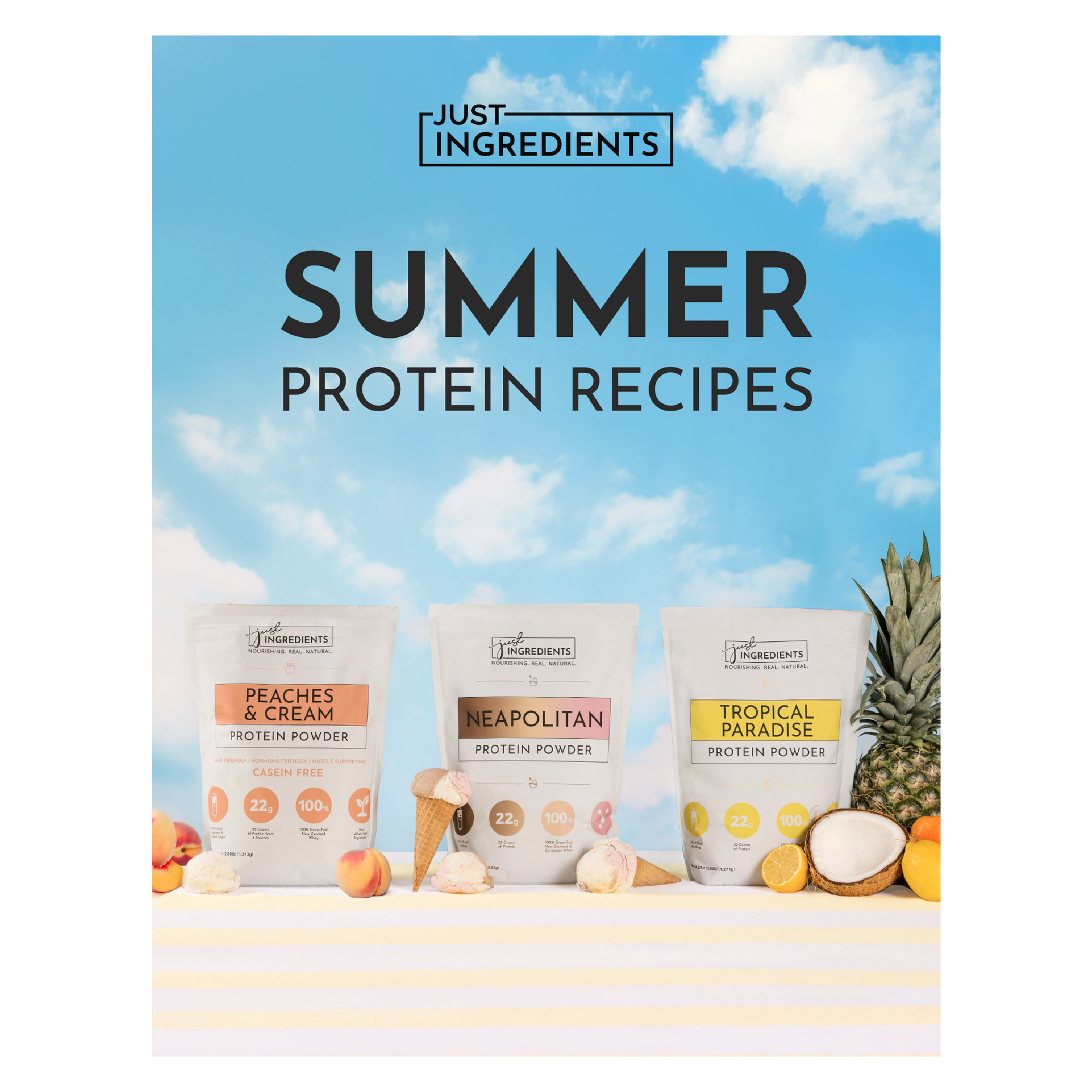 Three protein powder bags labeled "Peaches &amp; Cream," "Neapolitan," and "Tropical Paradise" against a blue sky background.