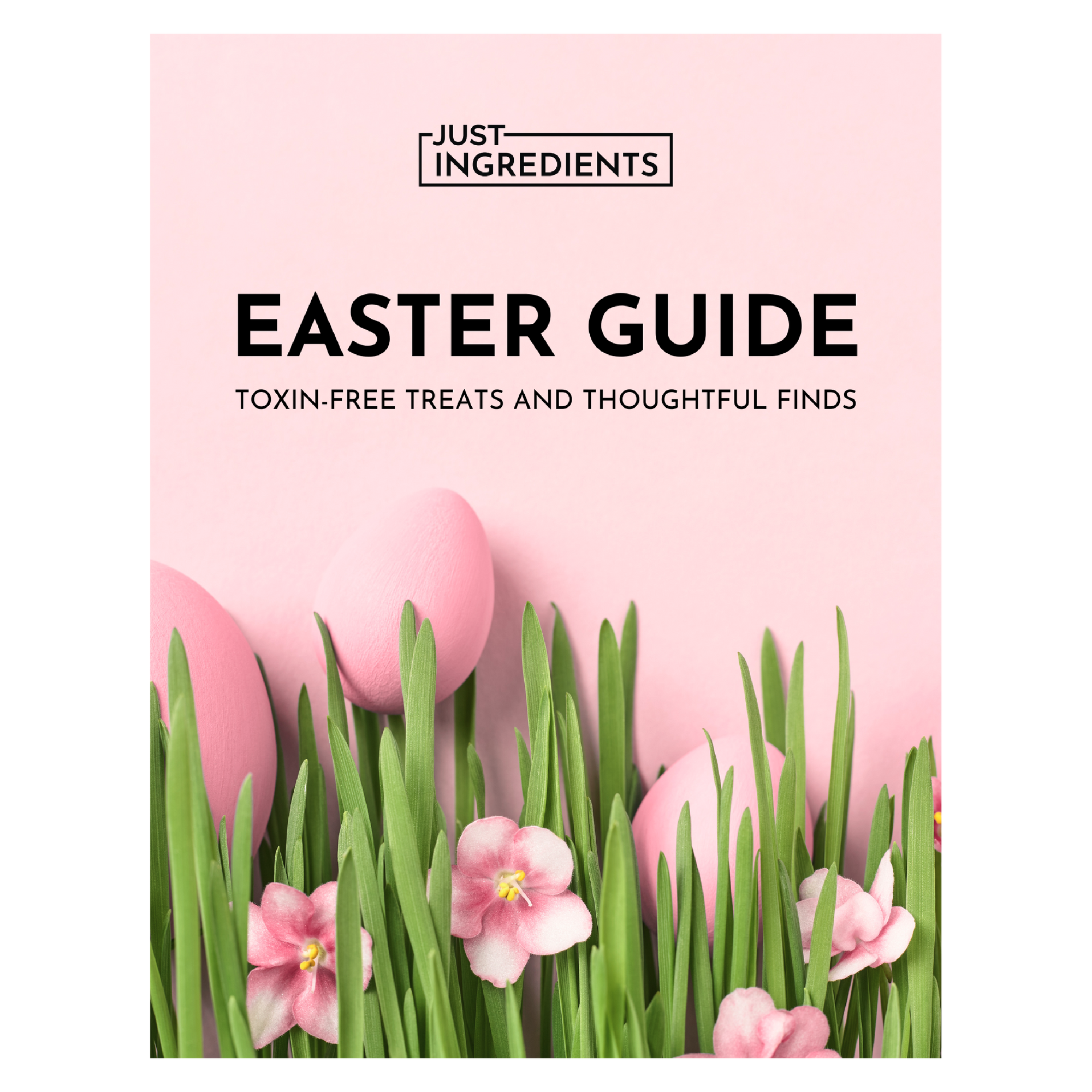 Cover design featuring pink Easter eggs, green grass, and pink flowers on a pastel background with the title "Easter Guide."
