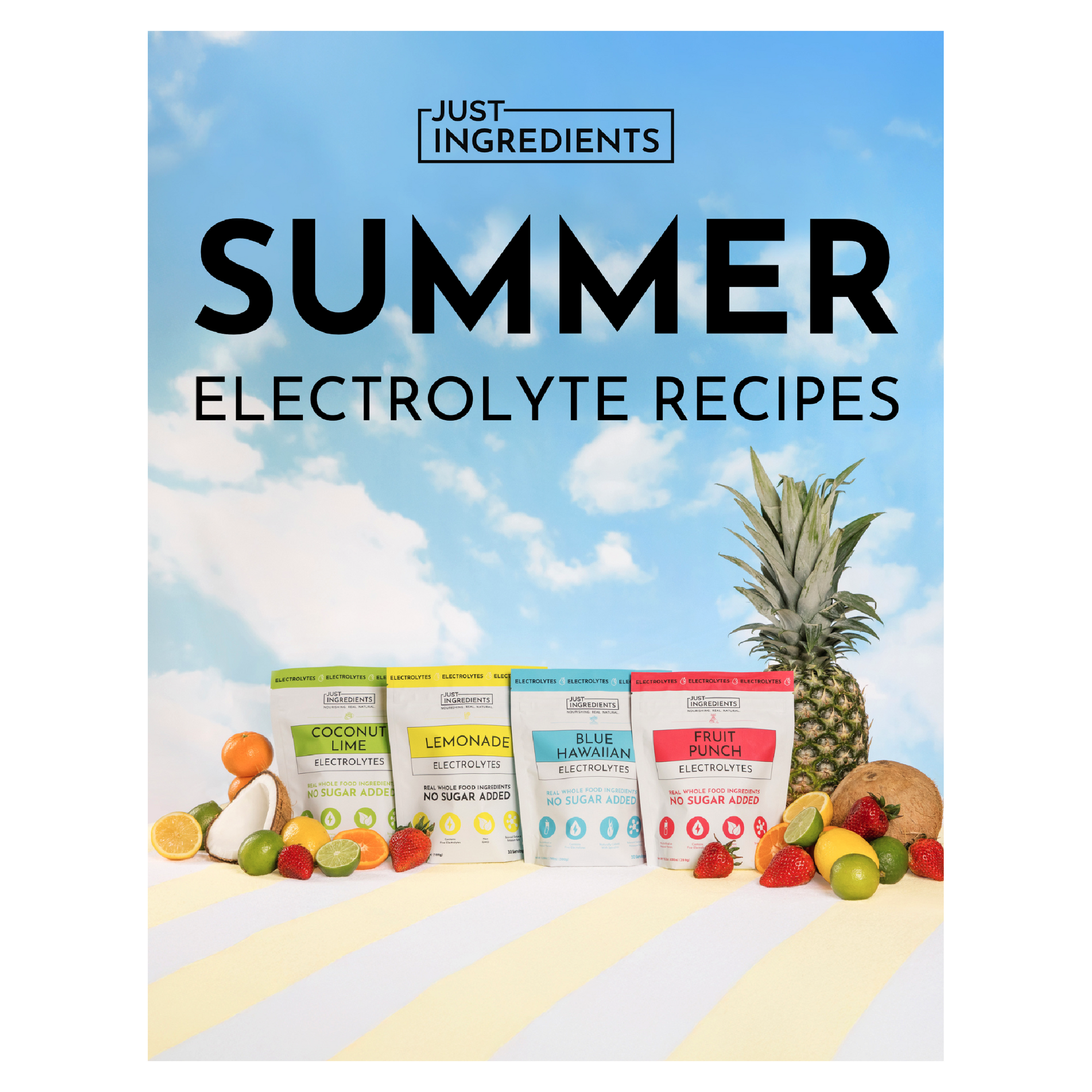 Colorful electrolyte powder packets displayed with fresh fruits against a blue sky background.