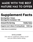 Supplement facts label detailing serving size, servings per container, and amount of Organic Lion’s Mane per serving.