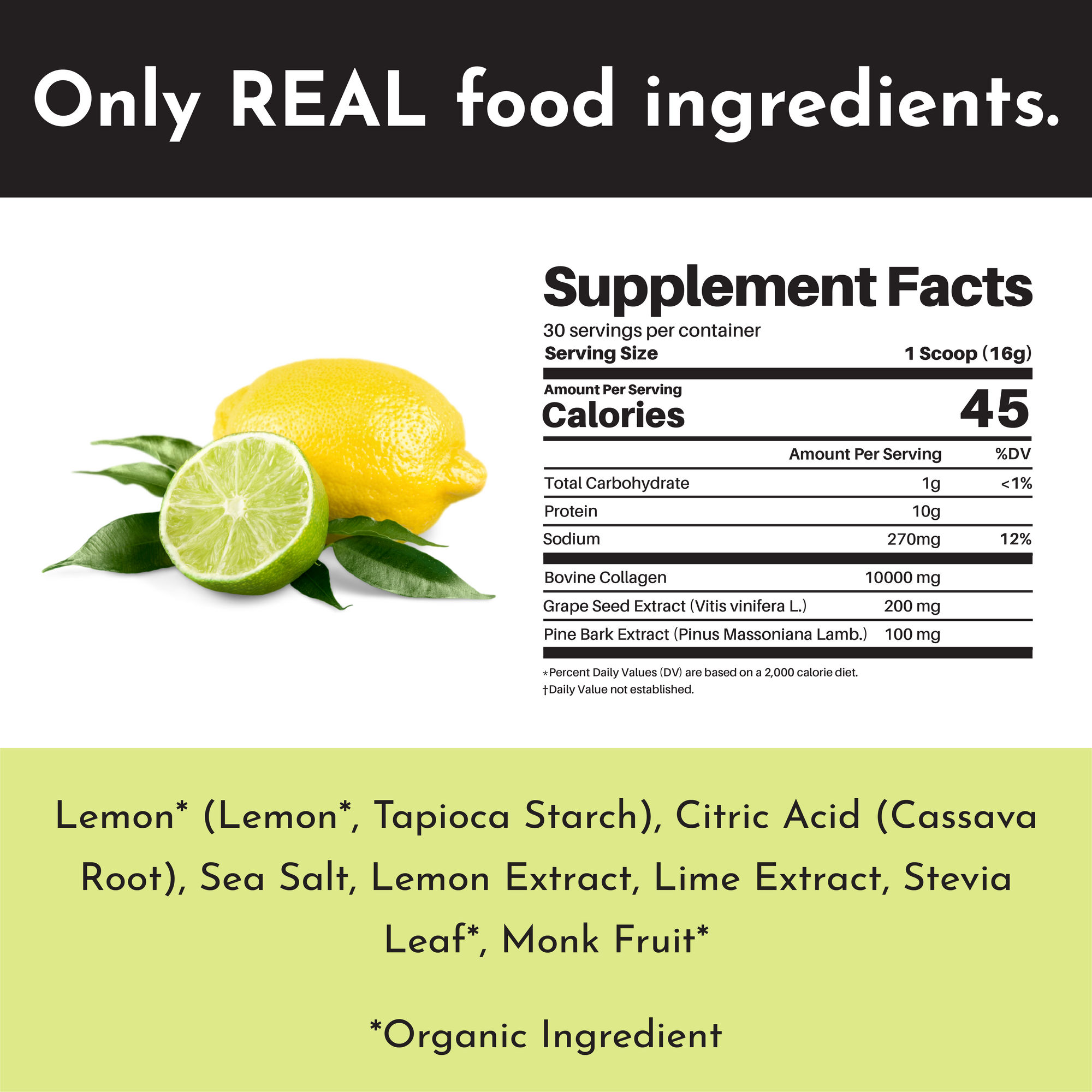 Supplement facts label detailing ingredients and nutritional information for Lemon Lime Collagen Peptides.