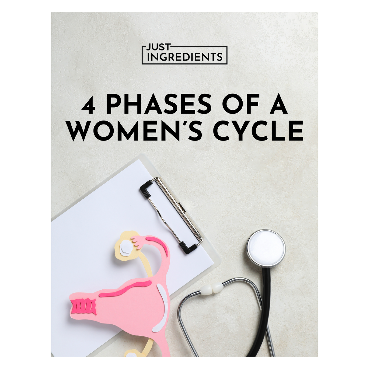 Illustration of a female reproductive system model next to a clipboard and a stethoscope on a light background.