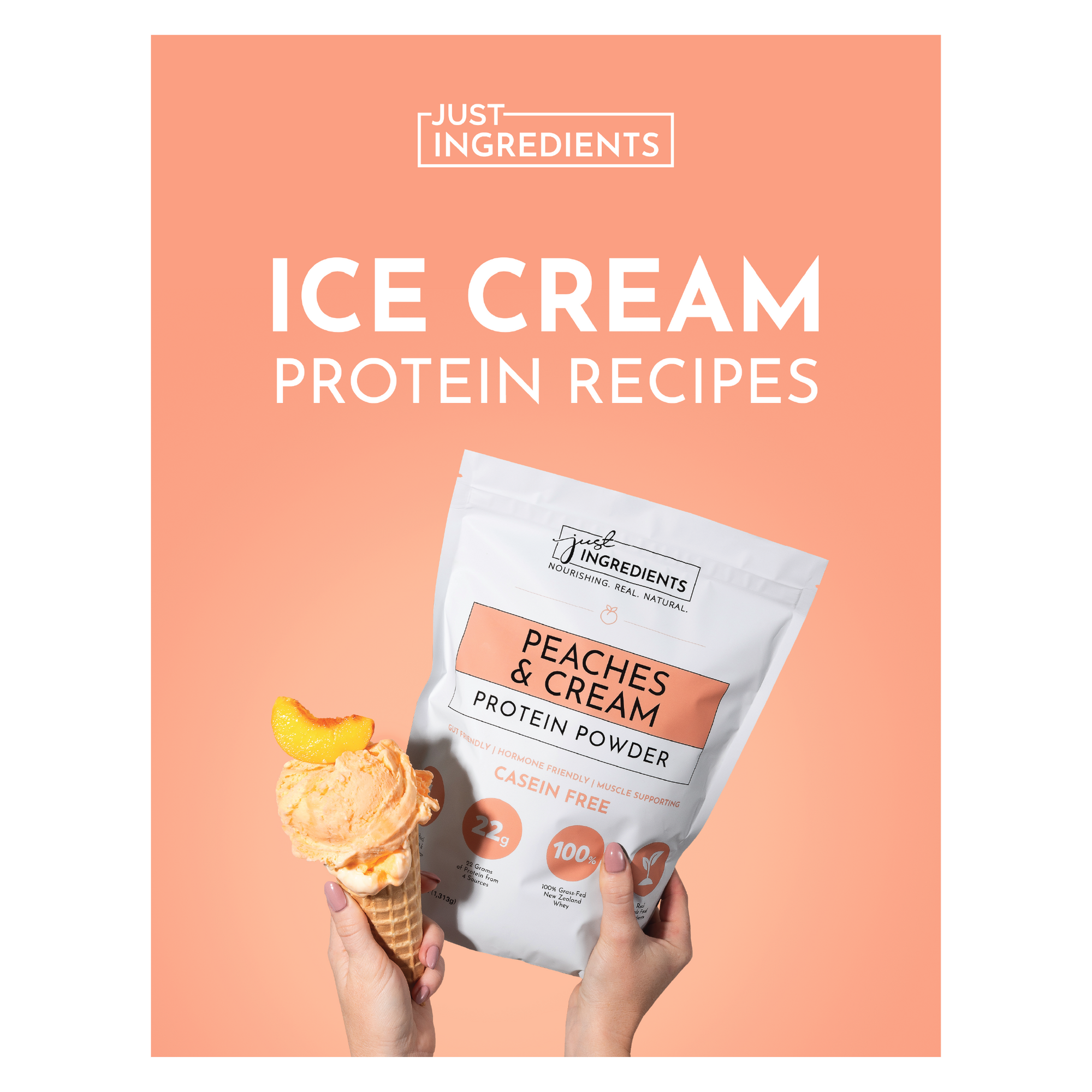 Hands holding a cone of peach ice cream topped with a peach slice, next to a bag of protein powder.