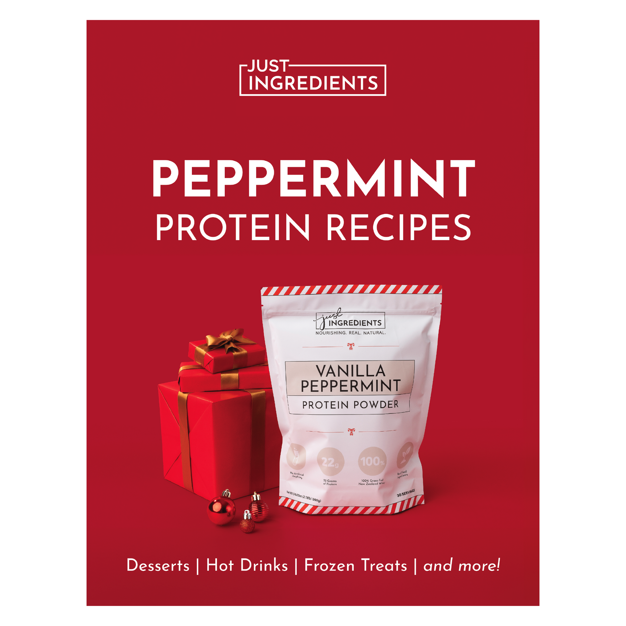 Vanilla peppermint protein powder package with red gift boxes and holiday decorations on a red background.