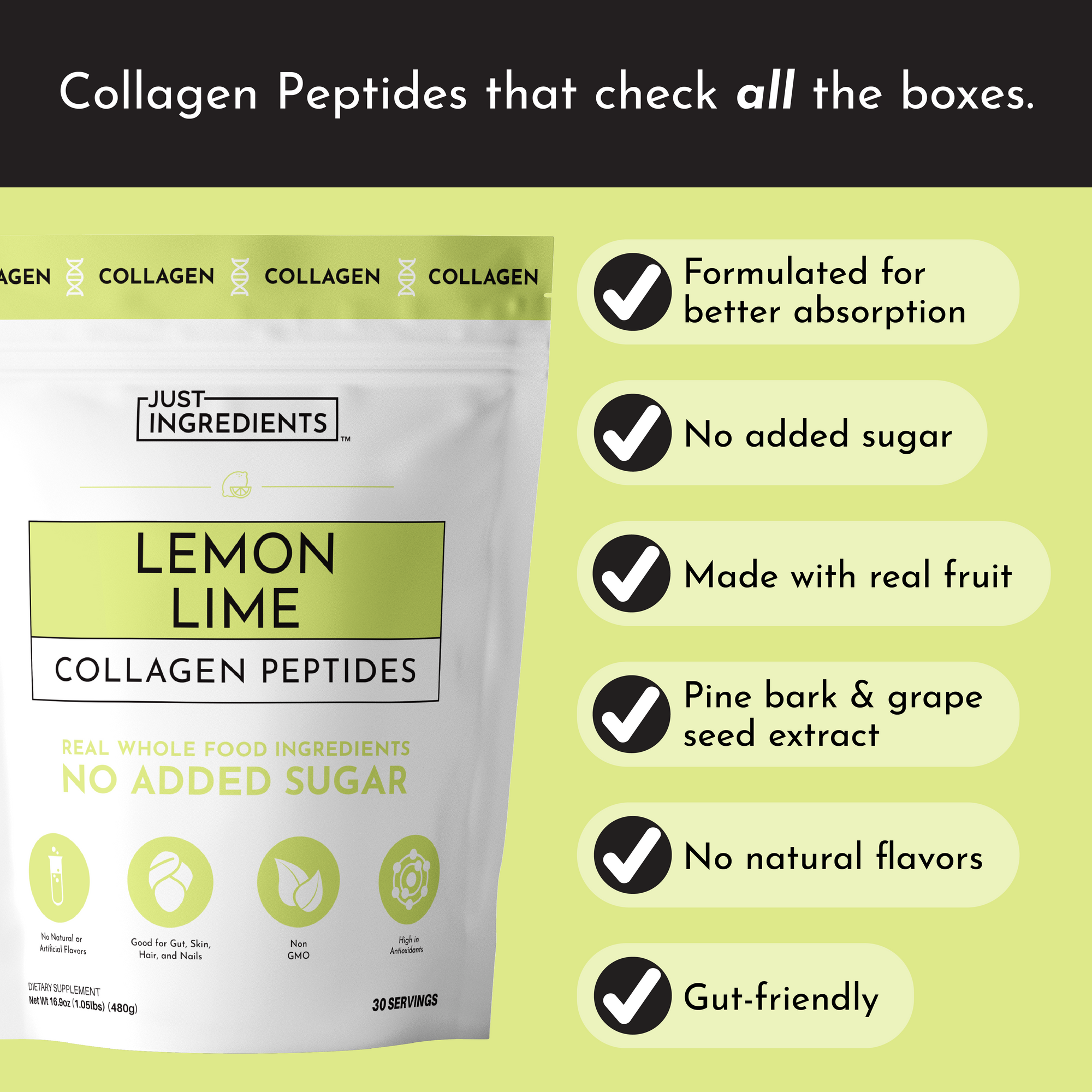 Collagen peptides powder in a resealable bag with lemon lime flavor and various health claims listed.
