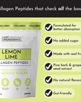 Collagen peptides powder in a resealable bag with lemon lime flavor and various health claims listed.