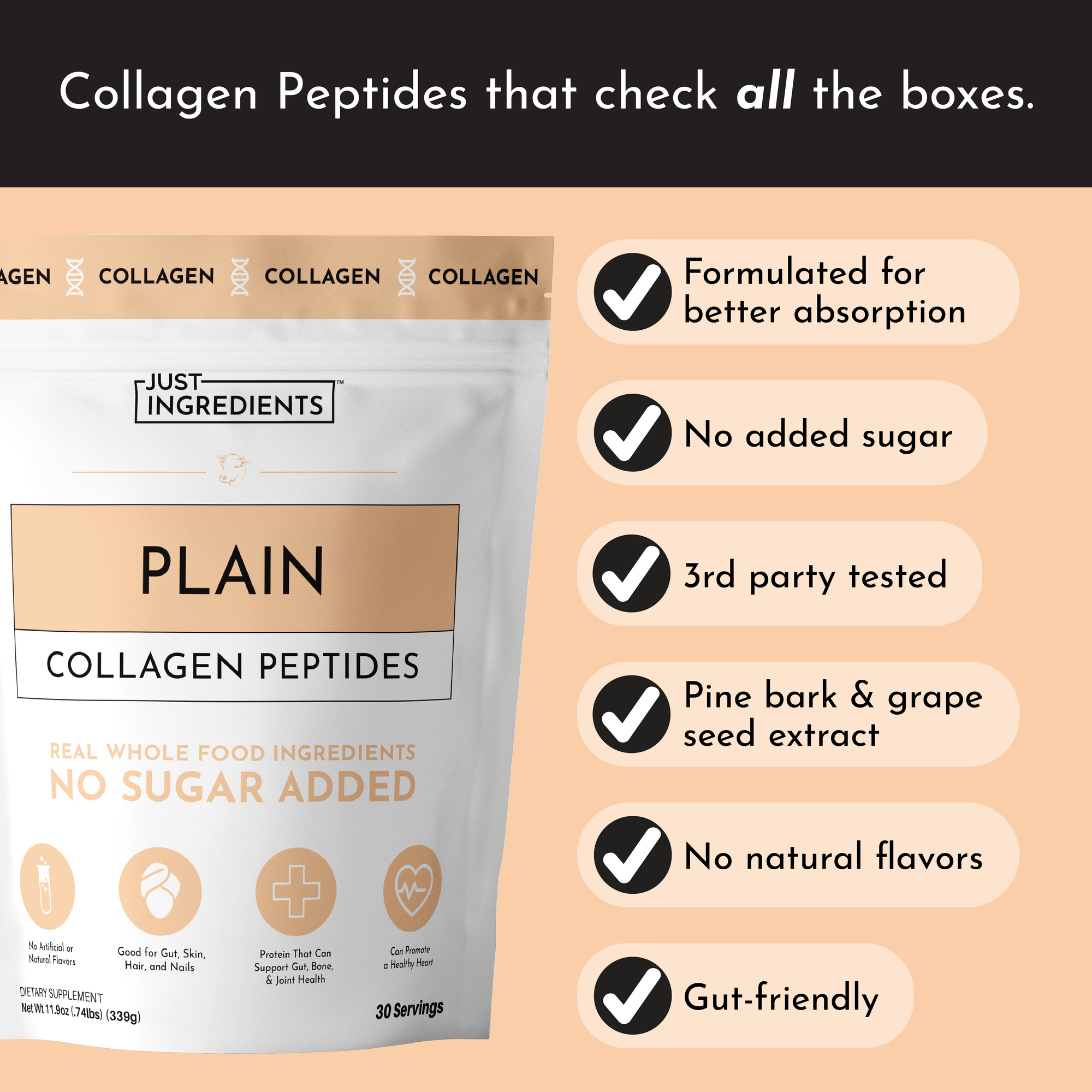Collagen peptides powder package with details on ingredients and benefits, featuring a plain design and checkmarks.