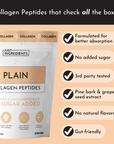 Collagen peptides powder package with details on ingredients and benefits, featuring a plain design and checkmarks.
