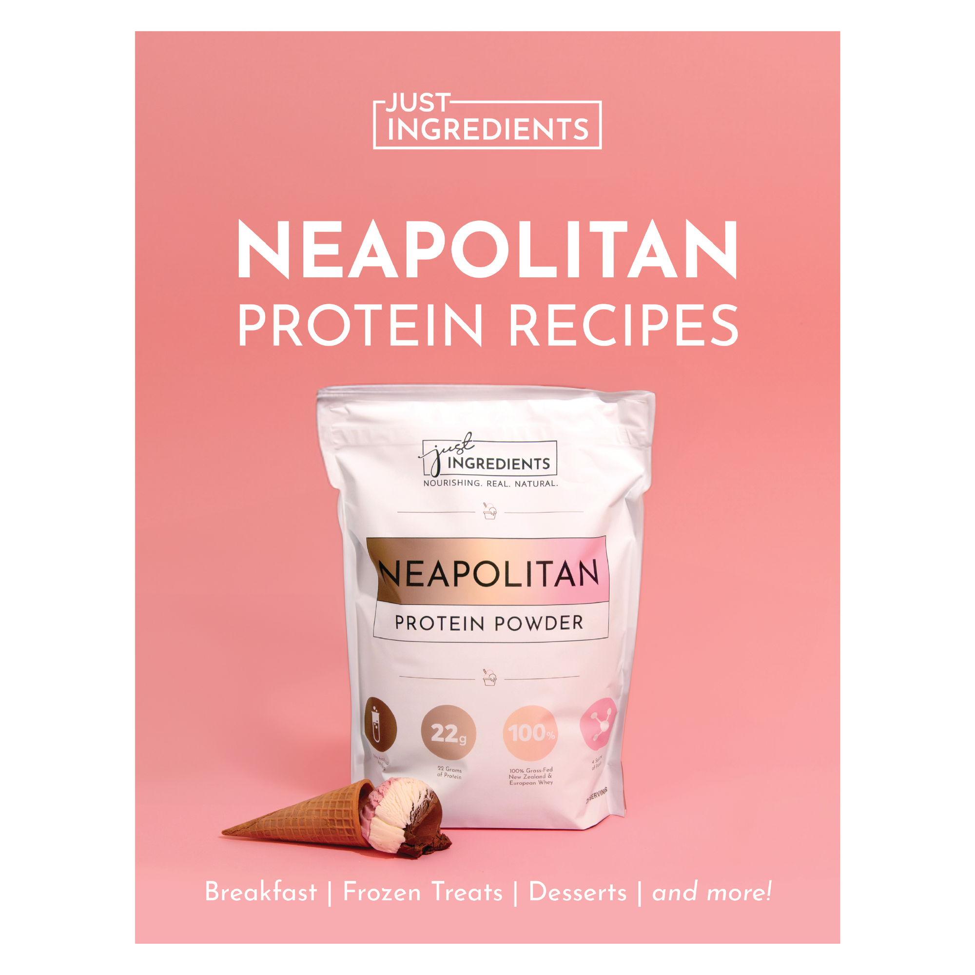 Neapolitan protein powder package with an ice cream cone and text highlighting recipes for various meals.
