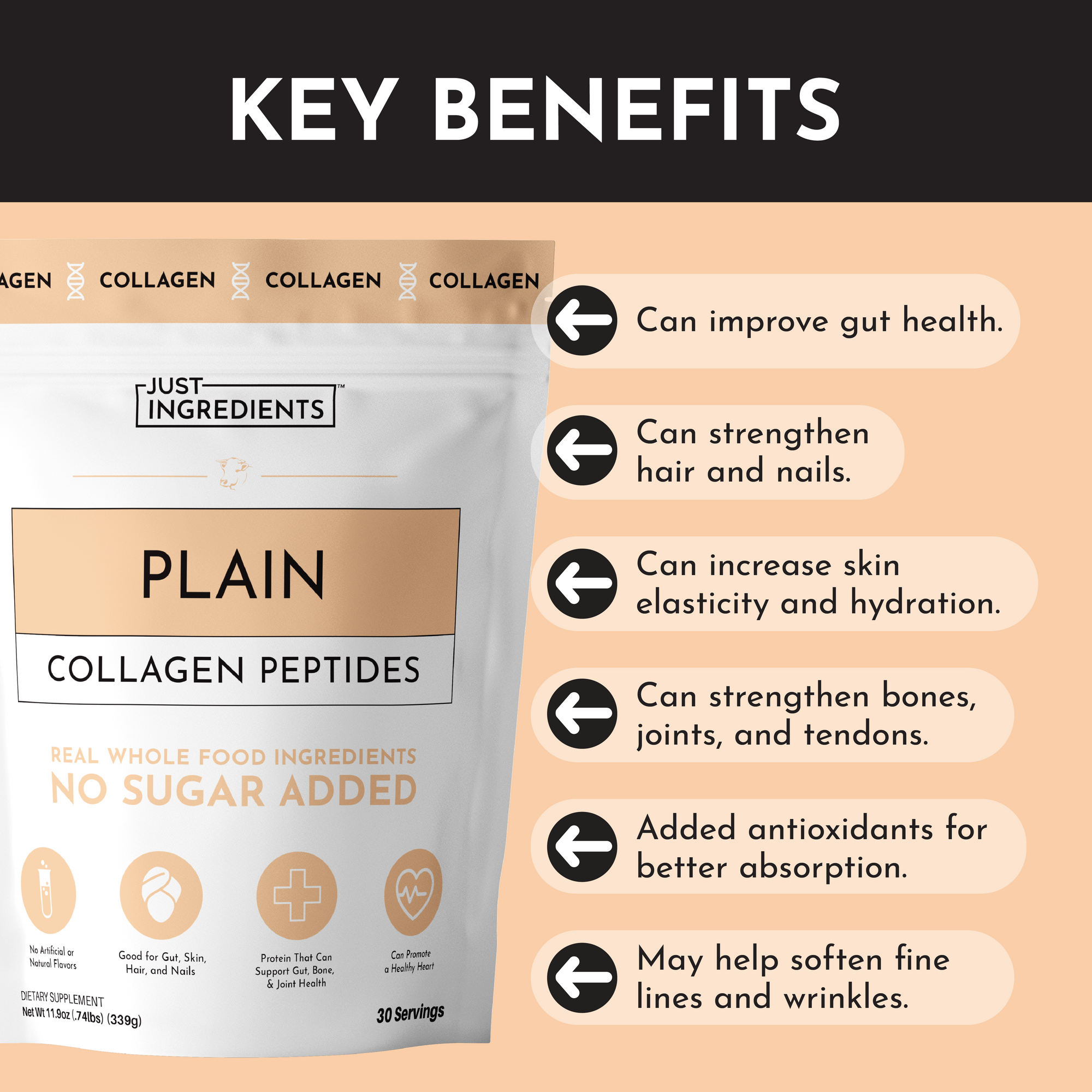 Collagen peptides powder package with key benefits listed, including gut health and skin elasticity.