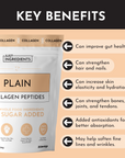 Collagen peptides powder package with key benefits listed, including gut health and skin elasticity.